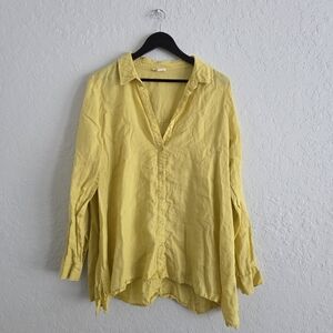 Eileen Fisher Organic Irish Linen Button Up Lagenlook Coastal Boho Blouse